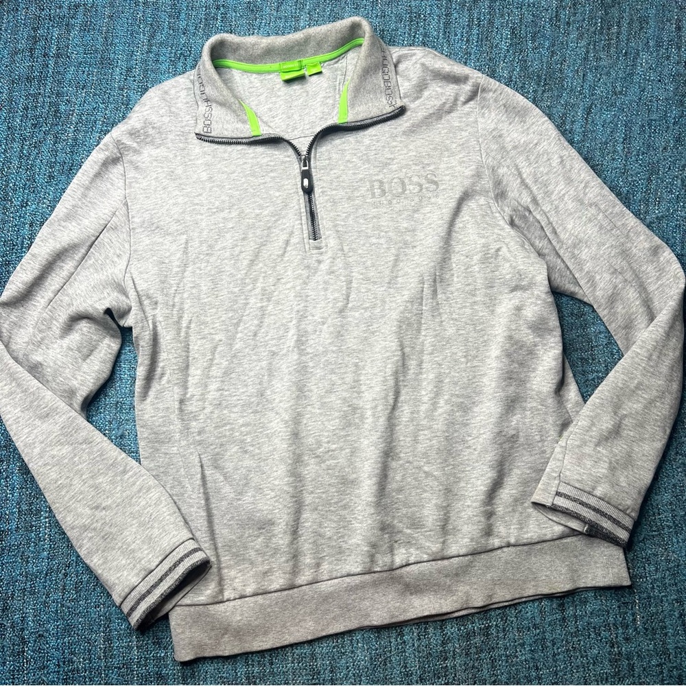 Hugo Boss Modern Fit Logo Collar 1/4 Zip Cotton Pullover in Gray Men's Size XL